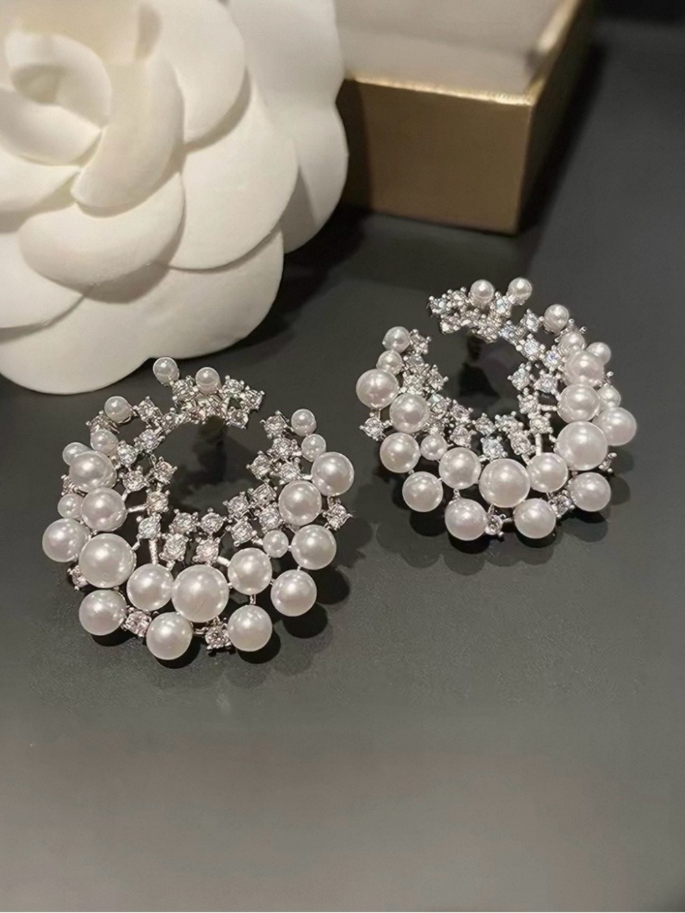 Pearl & Crystal Circle Statement Earrings - Silver Tone